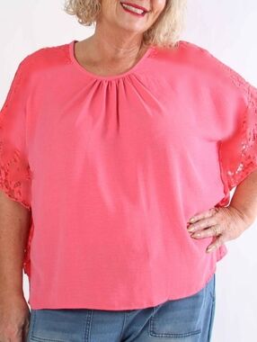 Notations Coral Pink Lace Sleeve Pullover Top Blouse Flowy 3X New